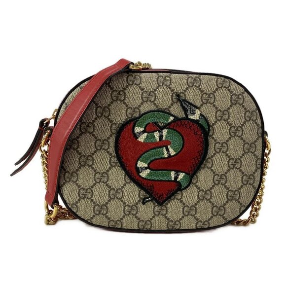 Auth GUCCI Holiday Collection GG Supreme Canvas Mini Chain Bag 409535 Beige Red - Picture 1 of 16